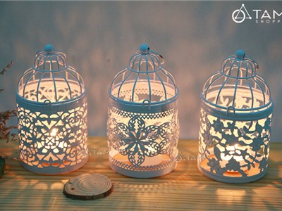 Chân nến lồng chim sắt cổ điển mini màu trắng số 16